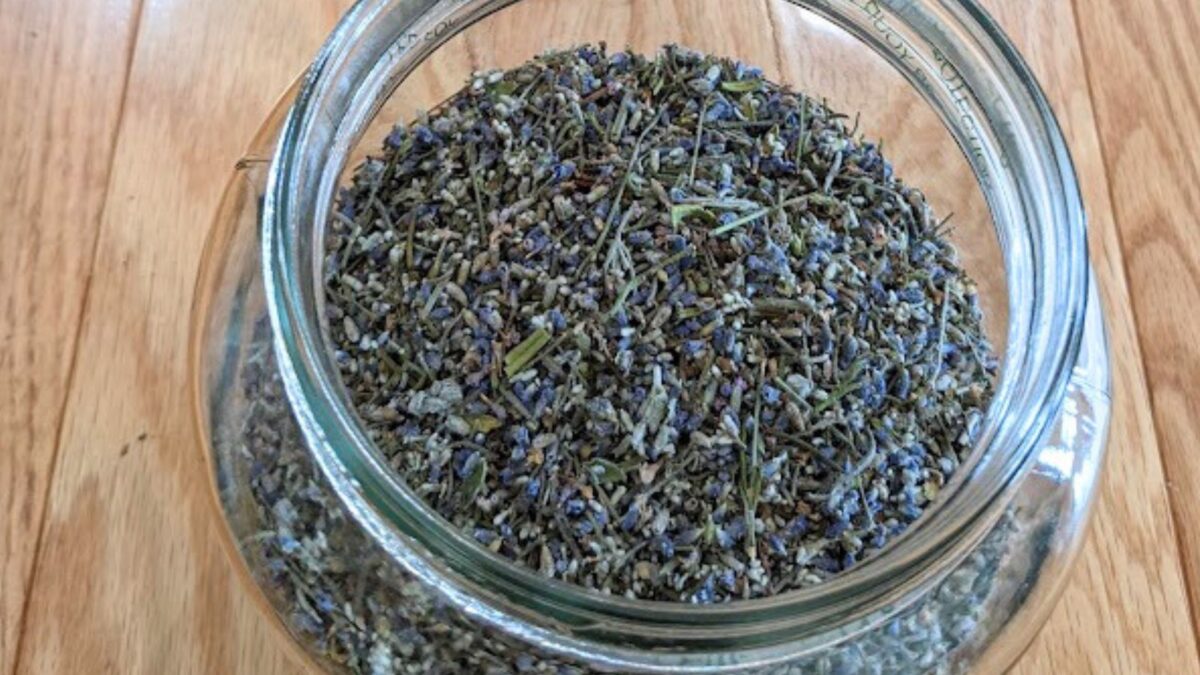 dried lavender buds in a glass jar.