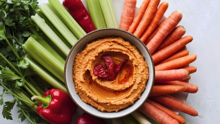 A medium shot of a bowl of roasted red pepper hummus