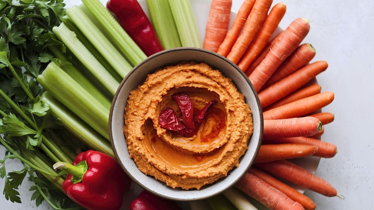 A medium shot of a bowl of roasted red pepper hummus