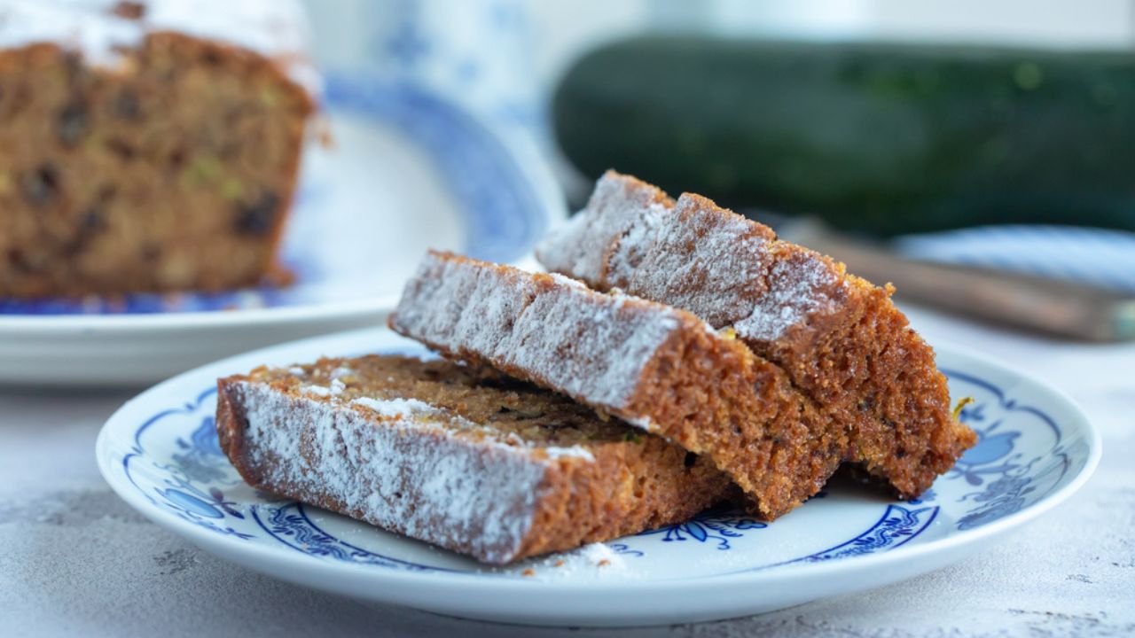 Homemade healthy zucchini and walnut bread. Sliced and ready to eat.