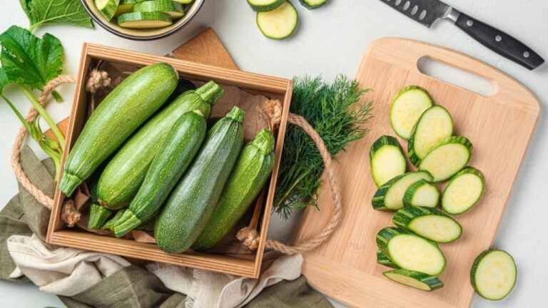 Slicing zucchini on a cutting board. Ripe zucchini on a gray background. Top view, horizontal.