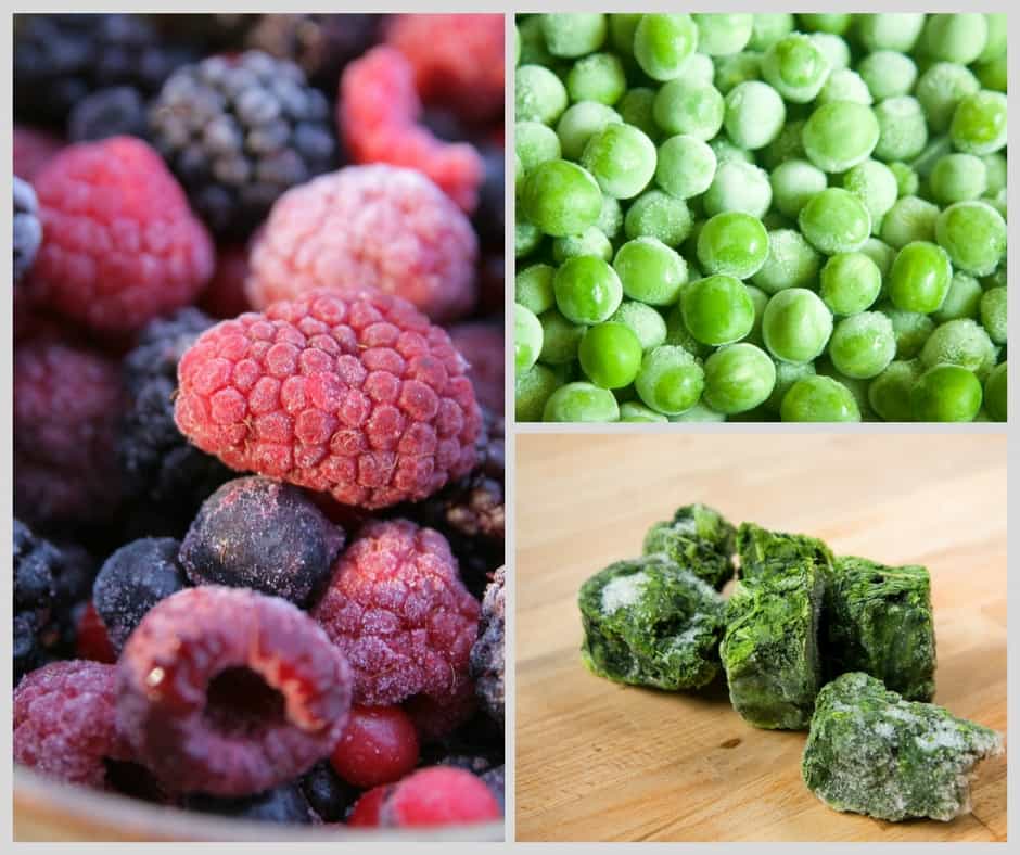 frozed peas, berries and herbs