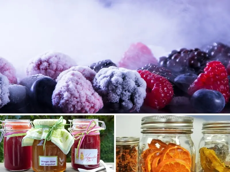 Harvest preserved in 3 different ways: frozen, canned and dehydrated