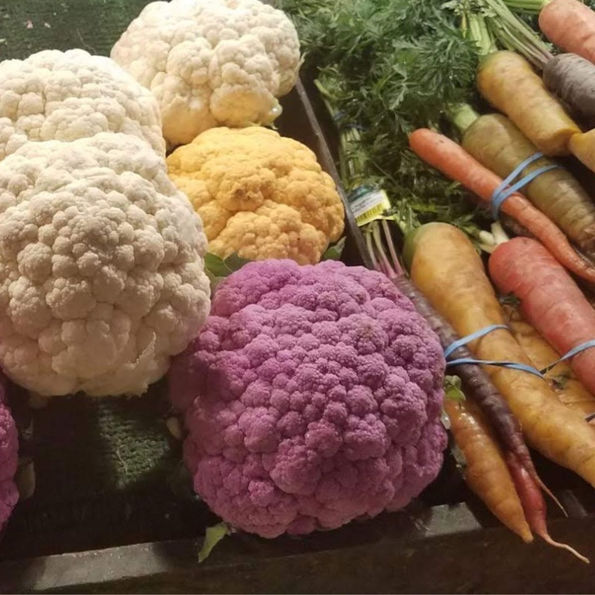 tomatoes, cauliflower and carrots for sale at the farmer's market.