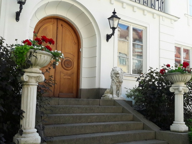 Beautiful roses in a planter by the front door