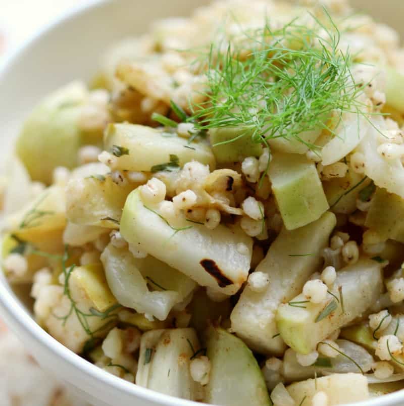 Warm sorghum salad with kohlrabi, apple, & fennel