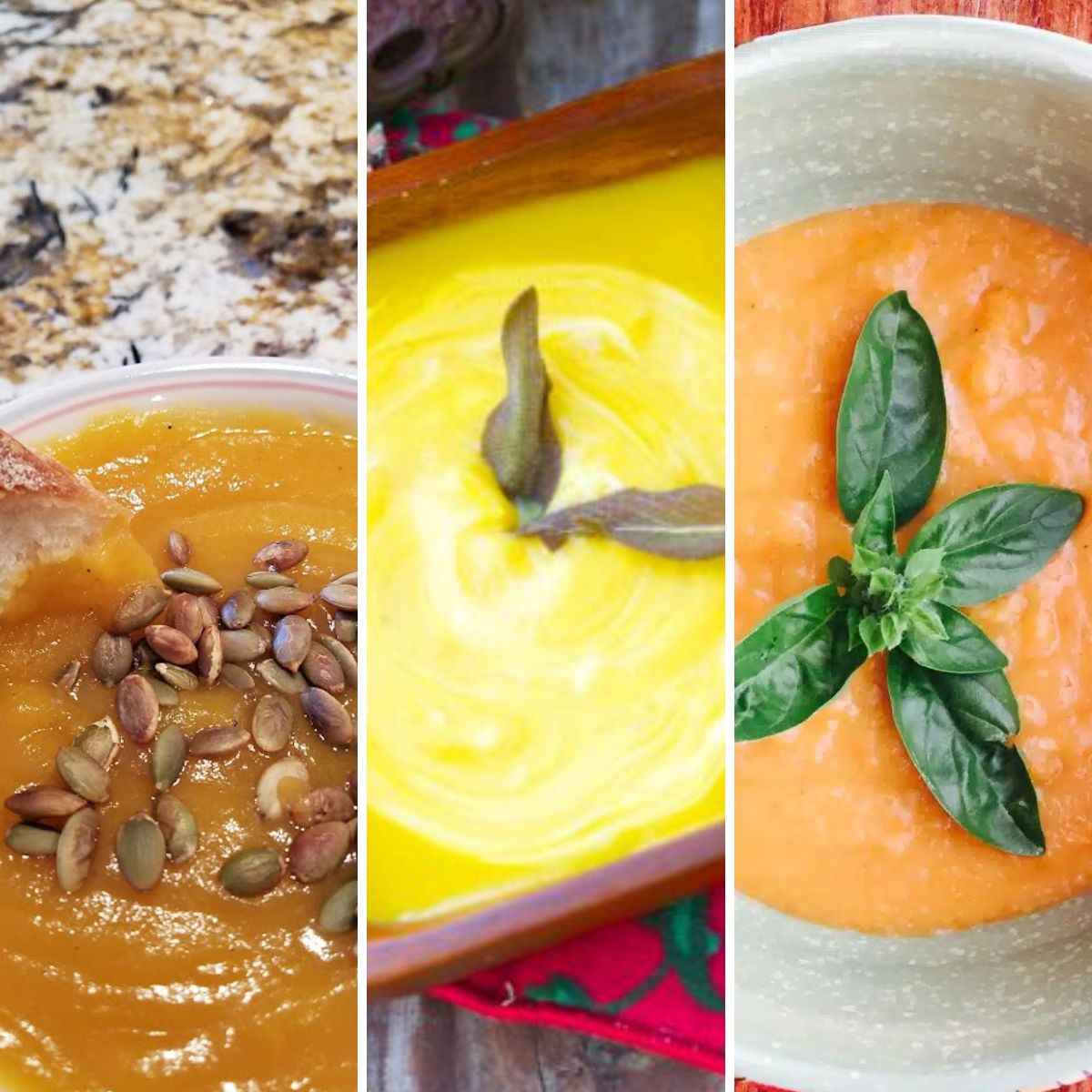 A collage of colorful bowls of butternut squash soups.
