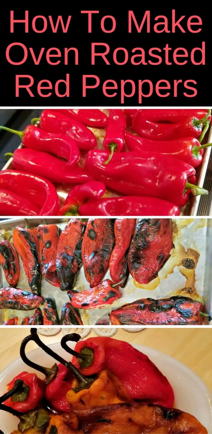red peppers ready to roast and a pan of roasted red peppers
