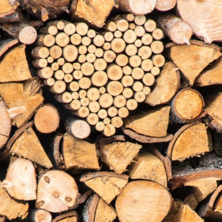 A pile of wood neatly arranges to create a heart.