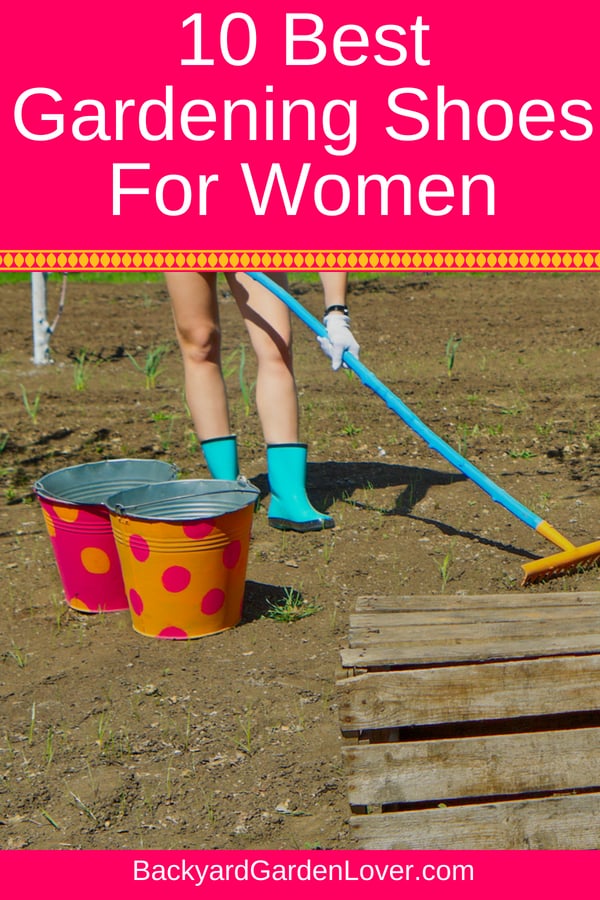 woman wearing blue garden boots, raking the soil