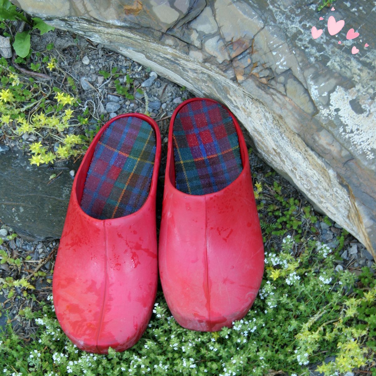 red crock-style shoes for gardening.