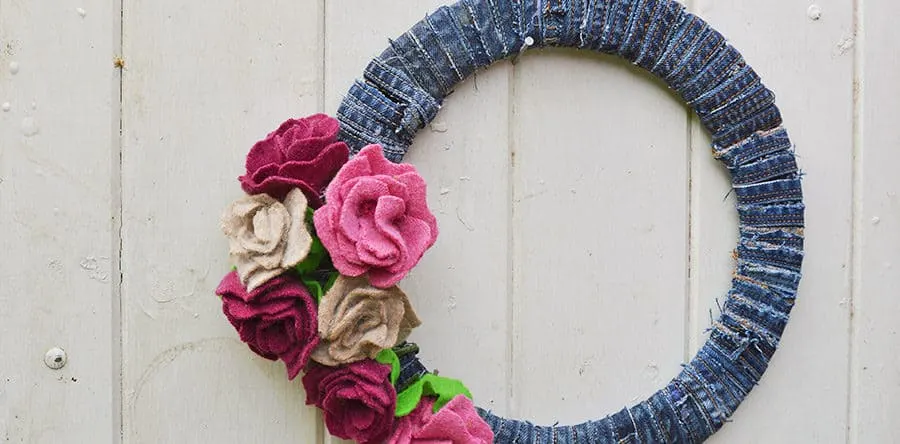 Upcycled sweater roses and denim wreath