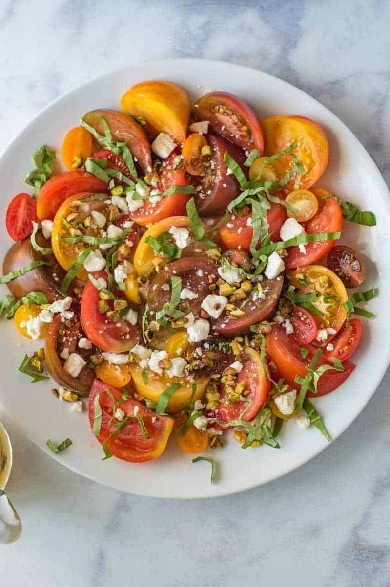 Heirloom tomato salad with feta and pistachios
