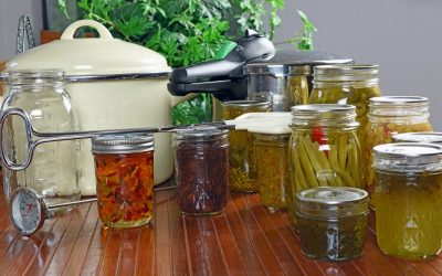 Canned goods with pressure canner in the background