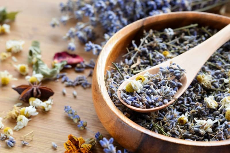 Dried lavender and chamomile flowers