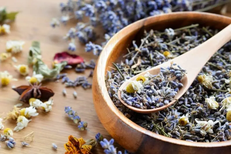 Dried lavender and chamomile flowers