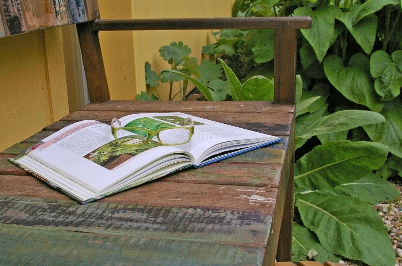 Gardening book on bench