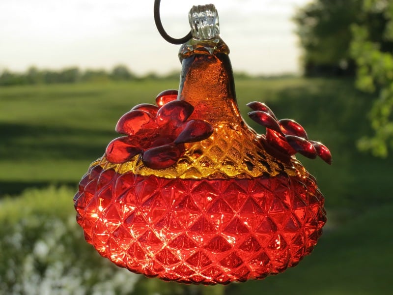 Aucied Colored Glass Hummingbird Feeder Garden Yard Decor Red Flower Ports 100% Leakproof 38 Fluid Ounces Hand Blown Glass Hummingbird Feeder for Outdoors with Perch Attractive Pattern & Color 