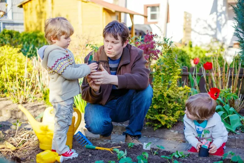 Boys gardening with their daddy