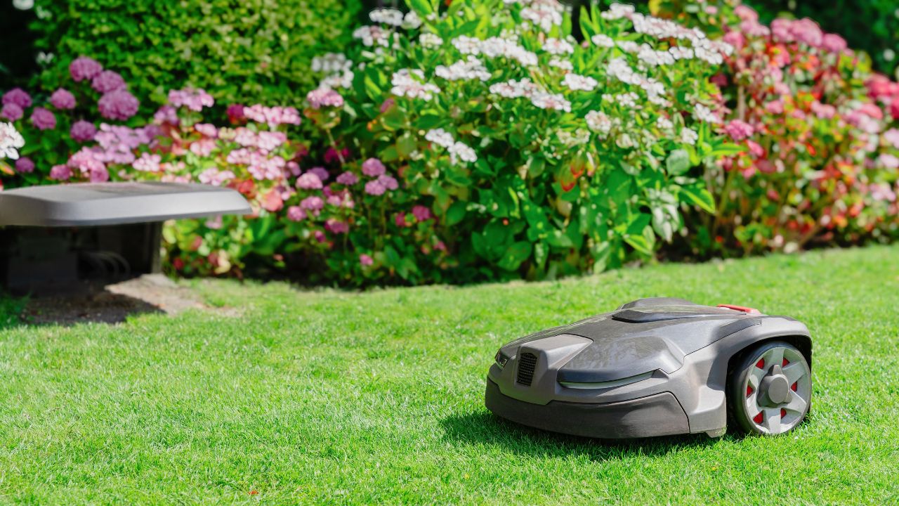 Robotic lawn mower trims grass in a garden with flowers and lush greenery, automated lawn maintenance.