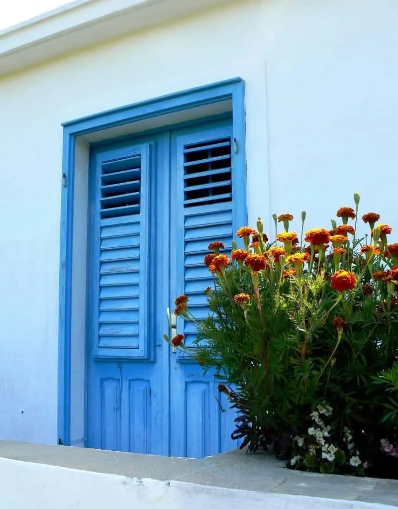Bright blue front door and a colorful flower bouquet