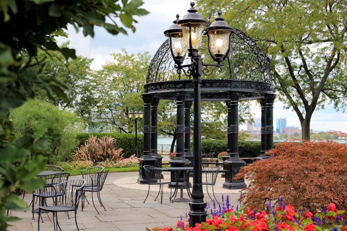 black iron gazebo on a patio