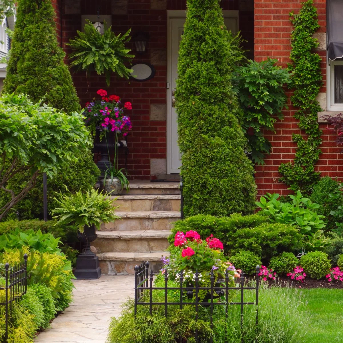 Easy front yard landscape with evergreen shrubs