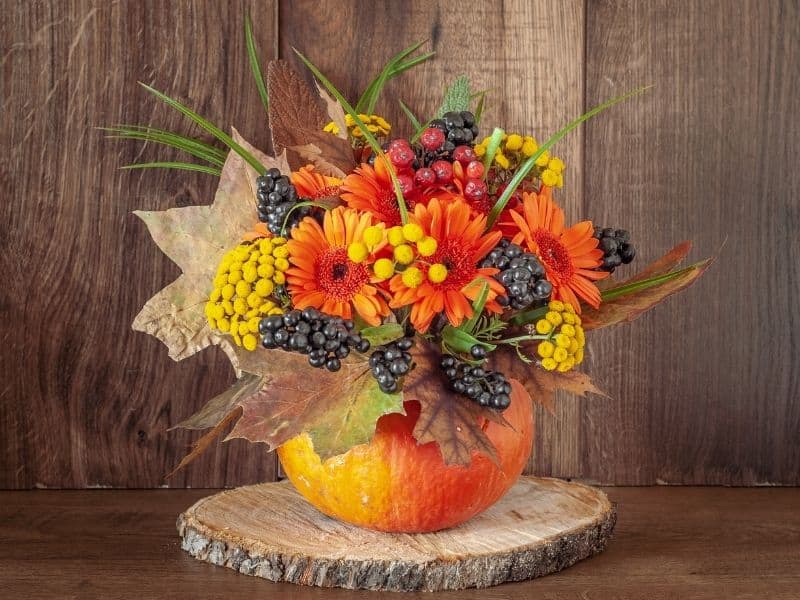 Fall flower arrangement in a pumpkin