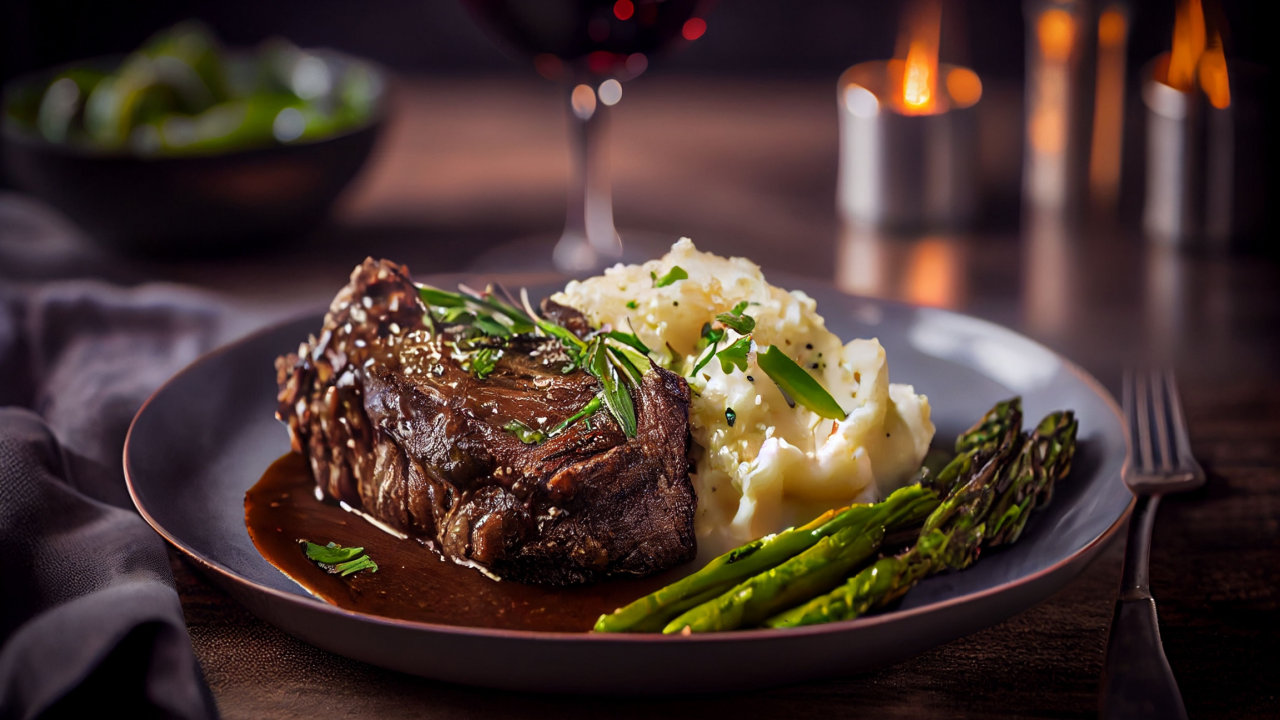 asparagus with steak and mashed potatoes