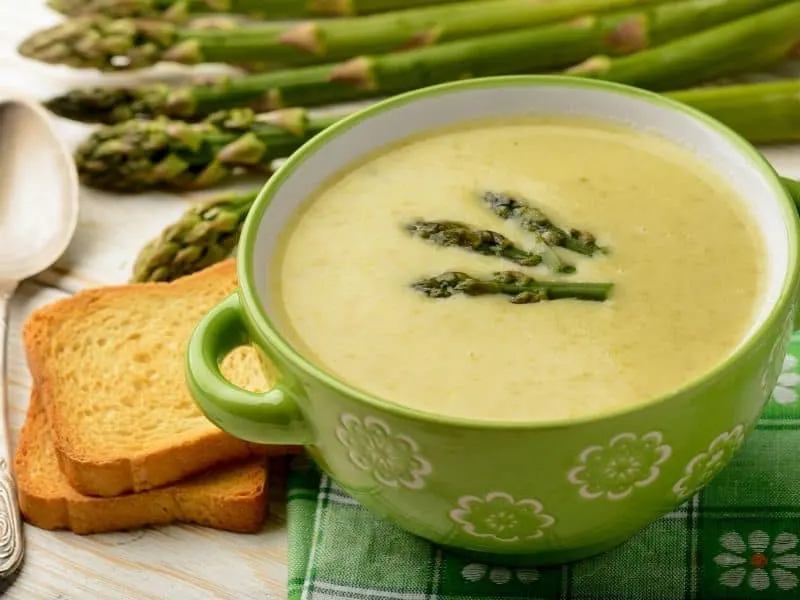 A bowl of creamy asparagus soup