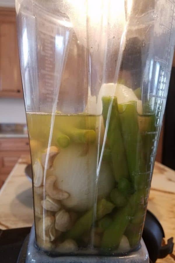 Cashews, asparagus and onions in Vitamix blender