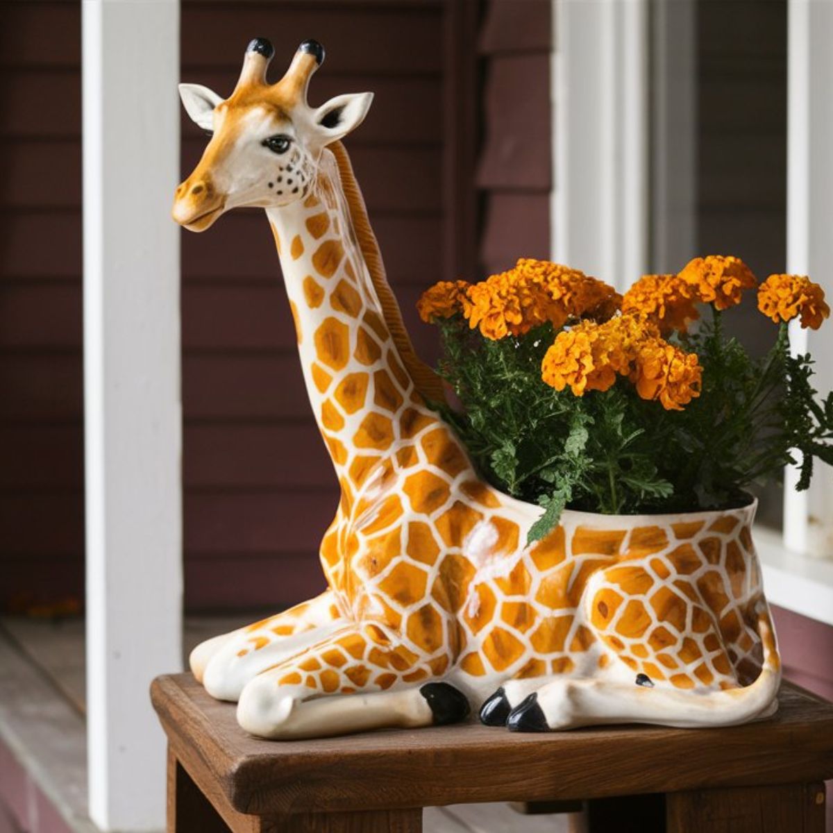 cute giraffe planter with marigolds.