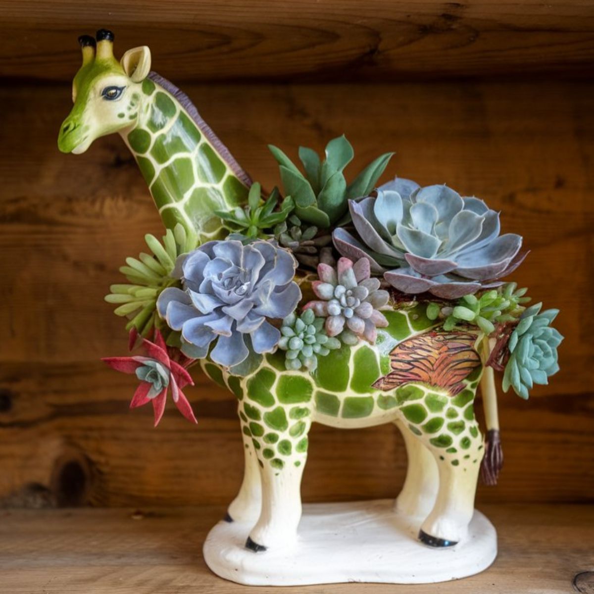 Green giraffe planters filled with succulents.