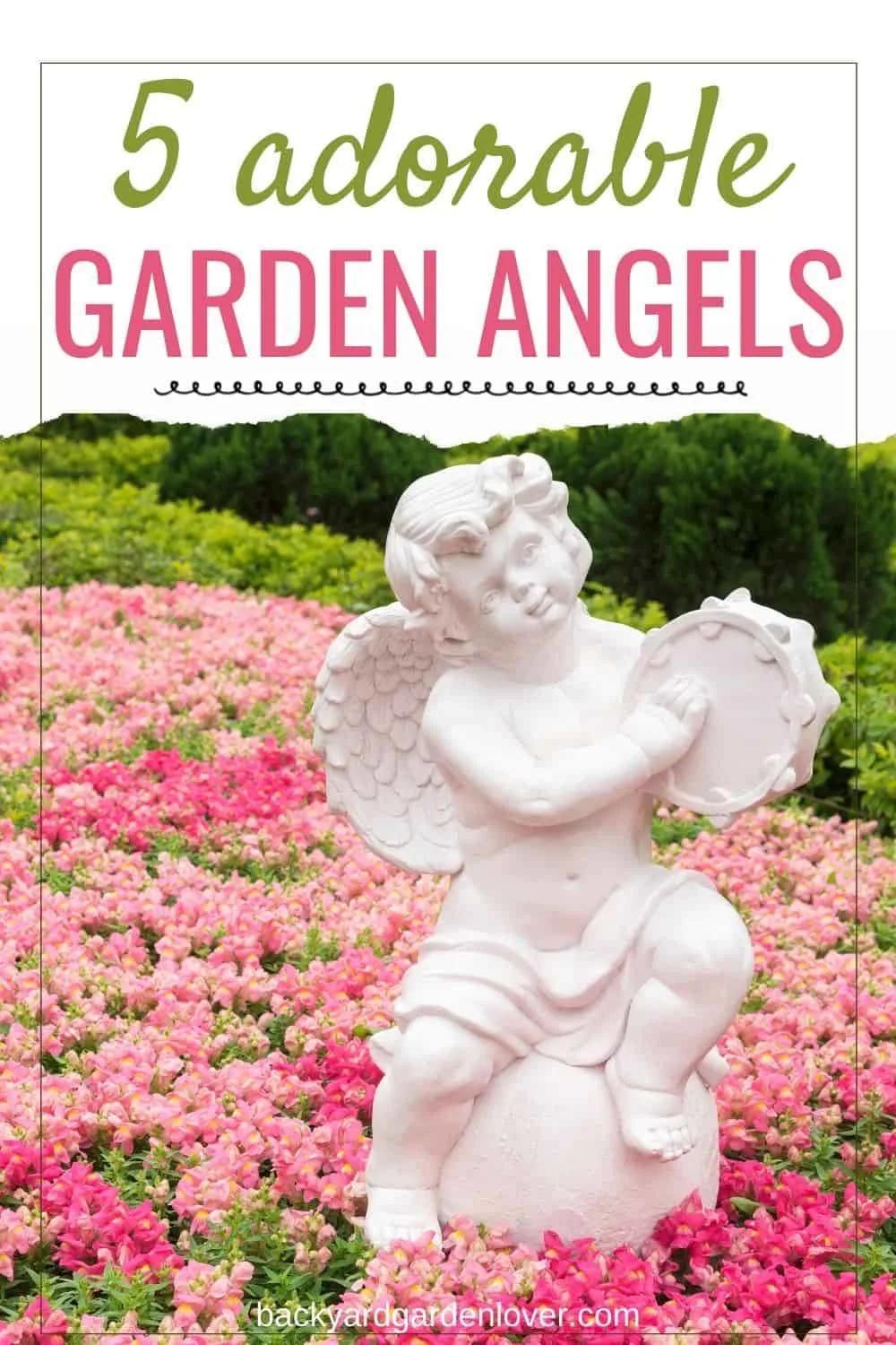 White garden angel with pink flowers background