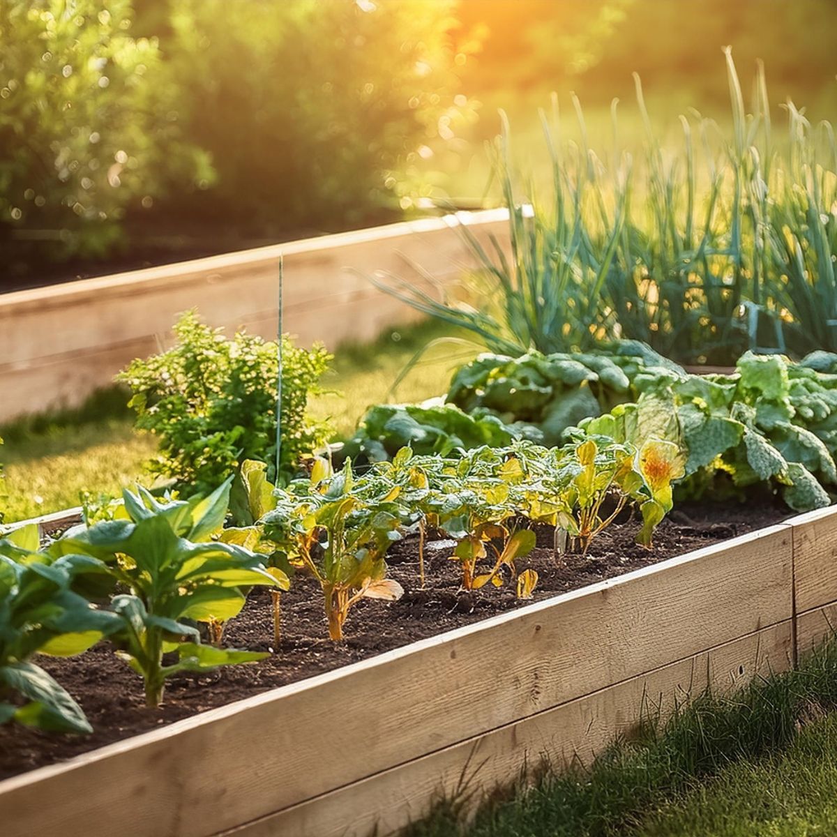 rustic wooden raised garden beds growing herbs and vegetables countryside organic gardening
