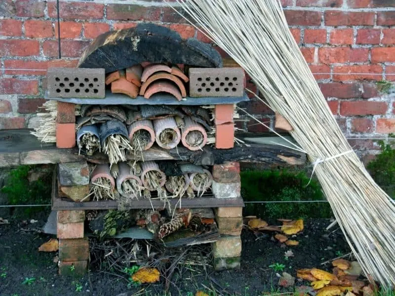 Insect hotel made from bricks, rocks, and plant matter