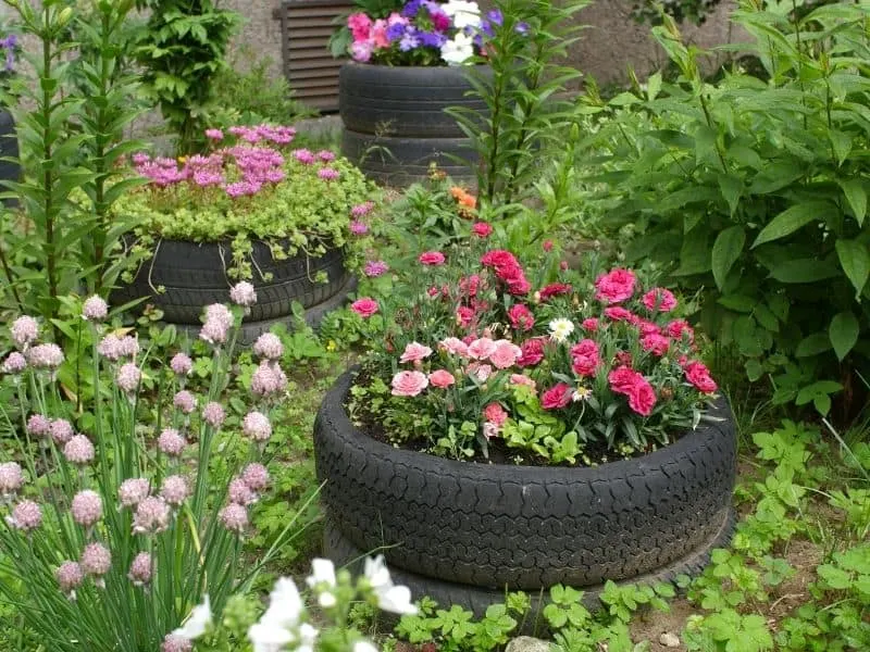 Tire planter filled with flowers