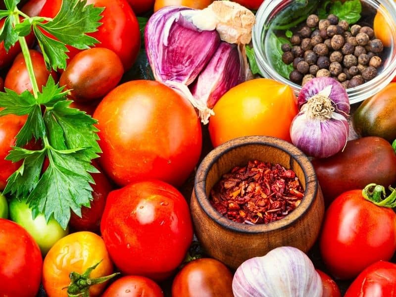 Colorful tomatoes and spices