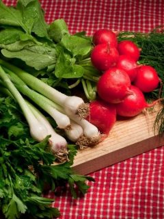 green onions, radishes, dill and parsley on a cutting board