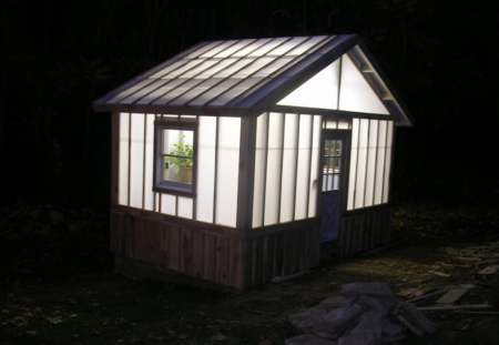Lit up greenhouse at night