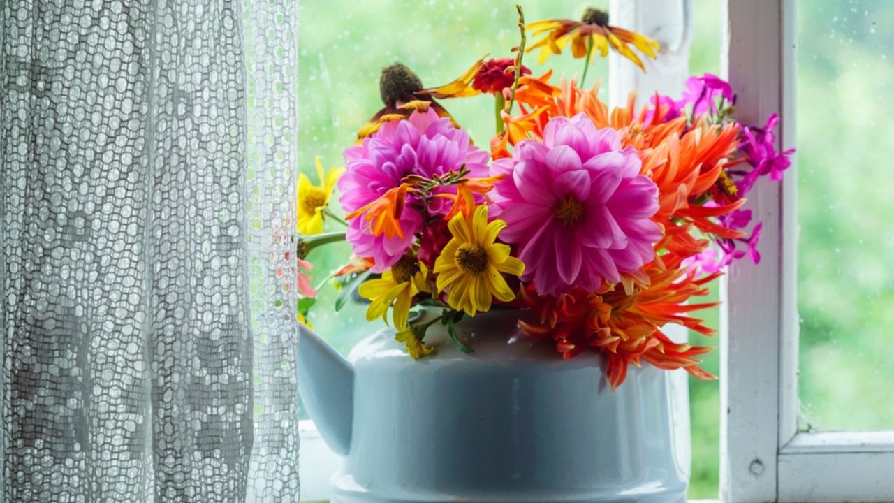 Autumn bouquet near window in summer day
