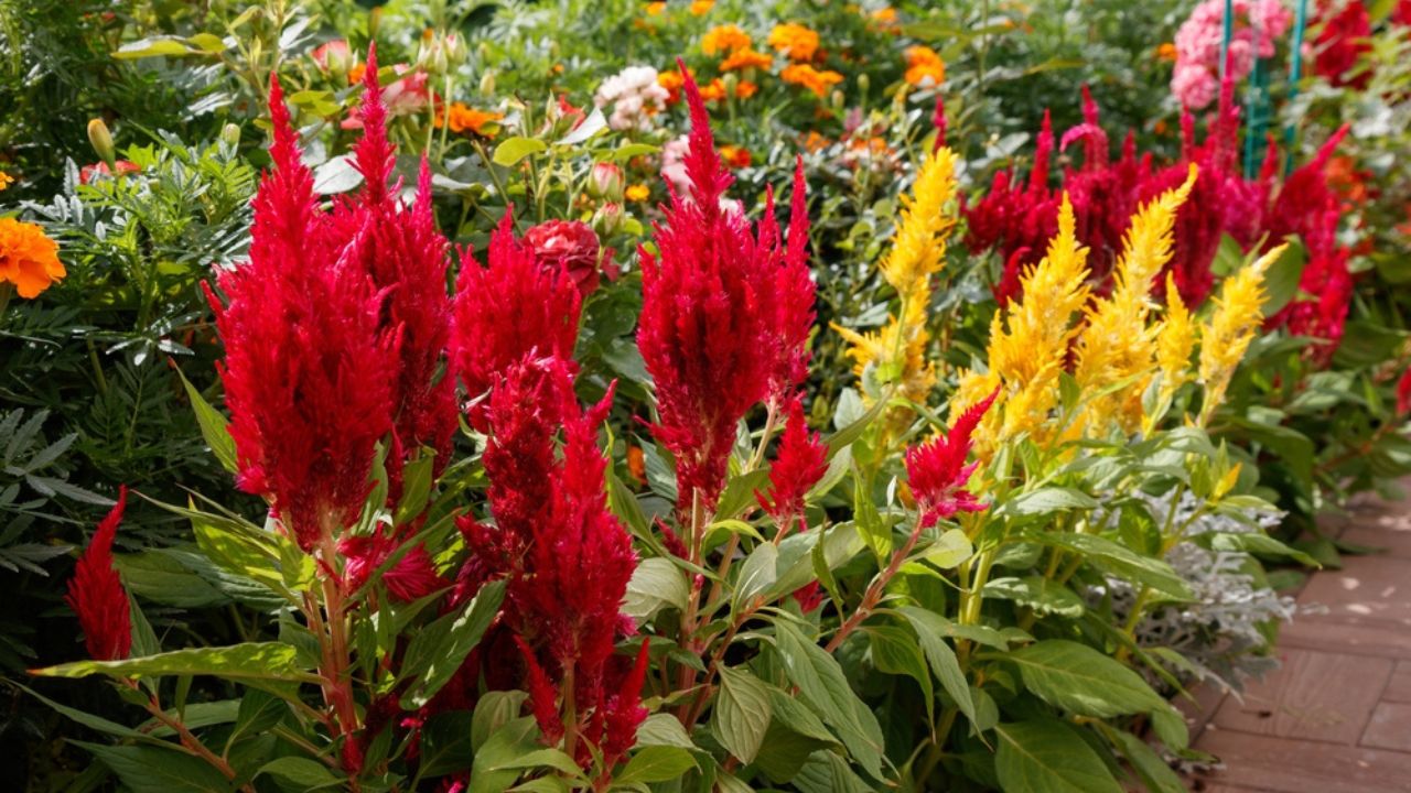 Red and yellow flowers of Celosia Argentea (Plumed Cockscomb or Silver Cock's Comb, Prince of Wales feathers) in the garden