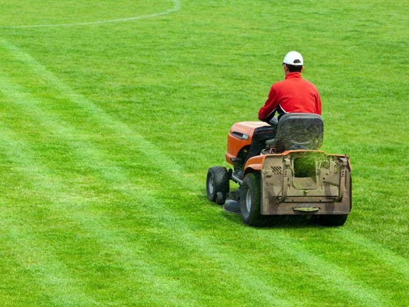 a guy mowing the lawn.