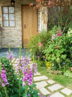 A cozy backyard with stone walkway and perennial flowers