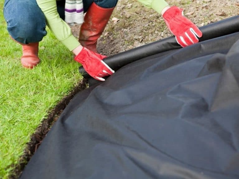 woman laying down weed barrier fabric