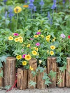 yellow and pink flowers behind wooden logs edging