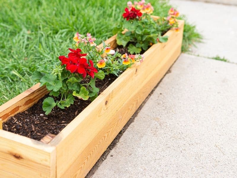 wooden planter with flowers sitting on the sidewalk