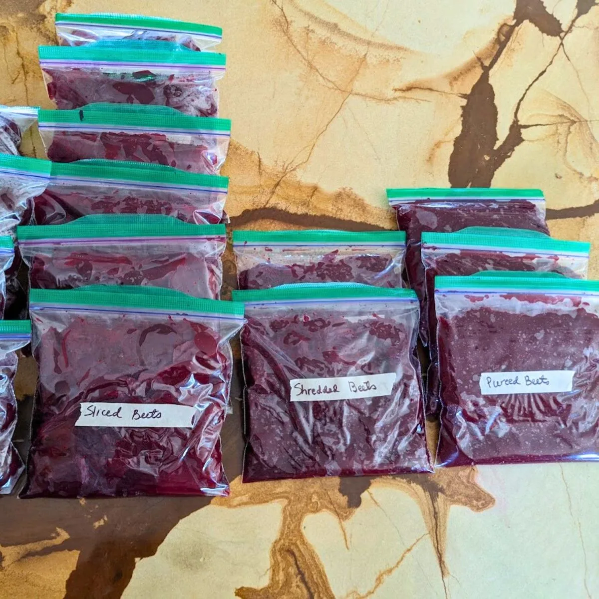 beets in bags, ready to freeze.