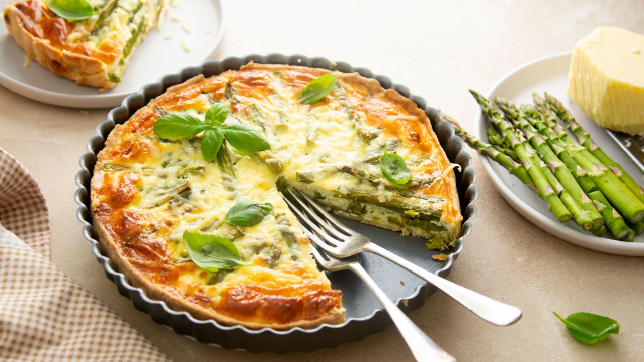 Asparagus tart, vegan quiche homemade pastry, healthy foods