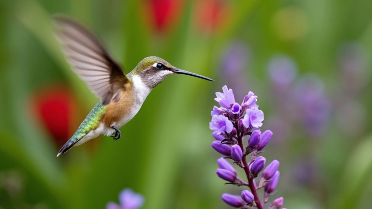 Frontal shot of a Fire throated Hummingbird feeding on a foxglove flower in a cloud forest garden in Costa Rica